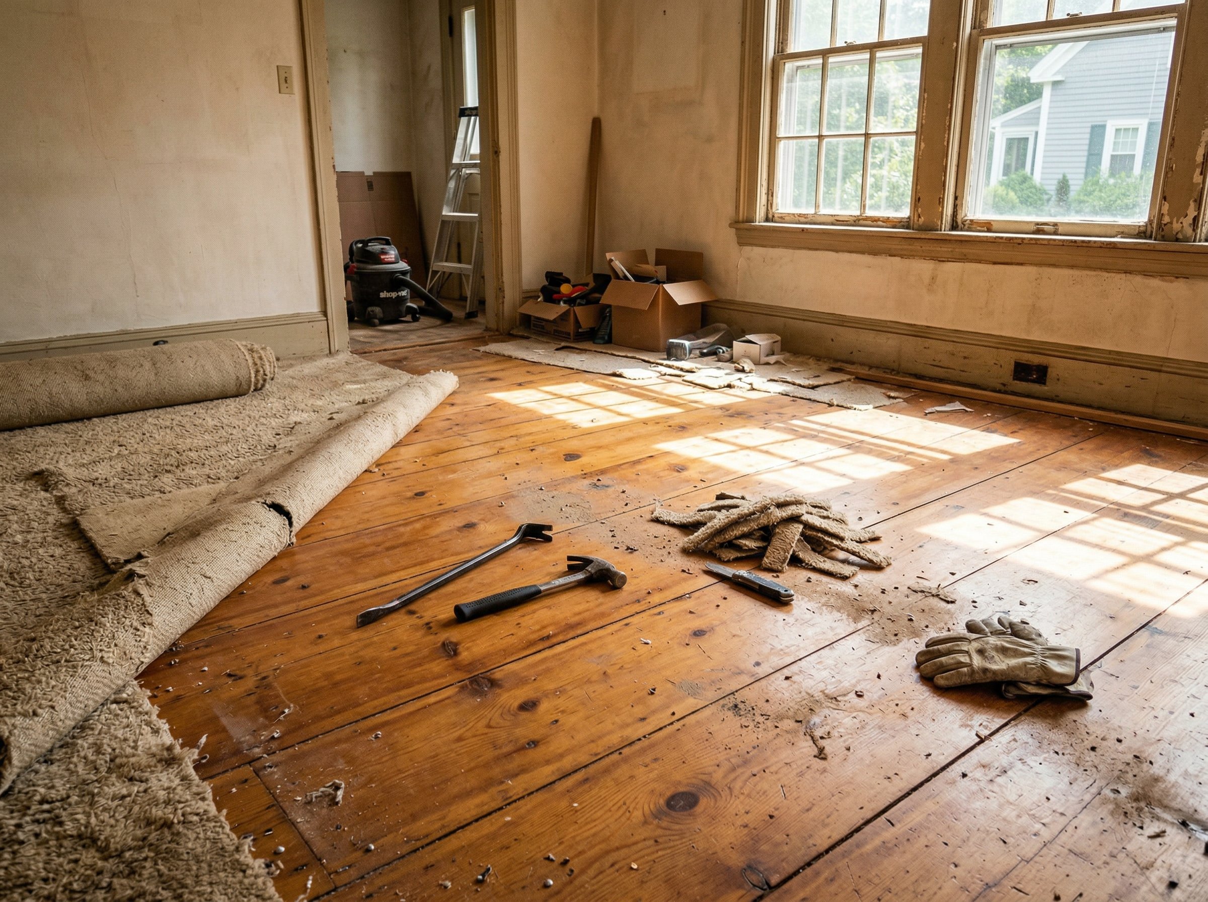 Hardwood floors revealed under carpet